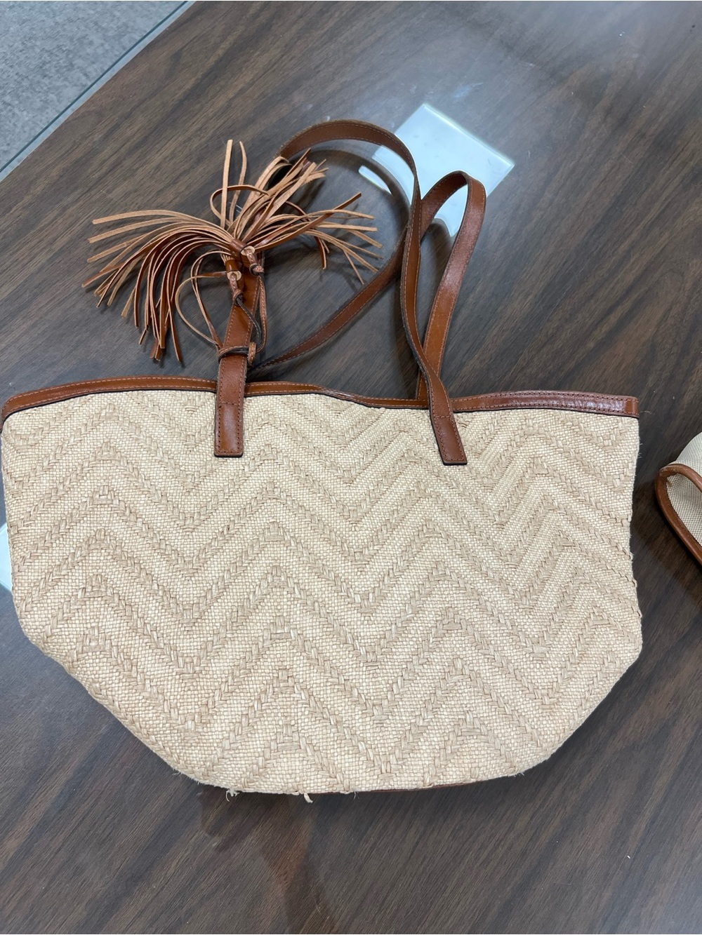 Patricia Nash Beige Straw Tote with Brown Leather Trim and Tassel
